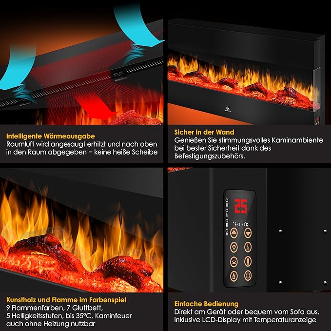 Elektrokamin 3D Elektro 138 cm Kamin mit Heizung 9 Farbmodi LED Flammeneffekt 900/1800 W Heizkamin H – 5