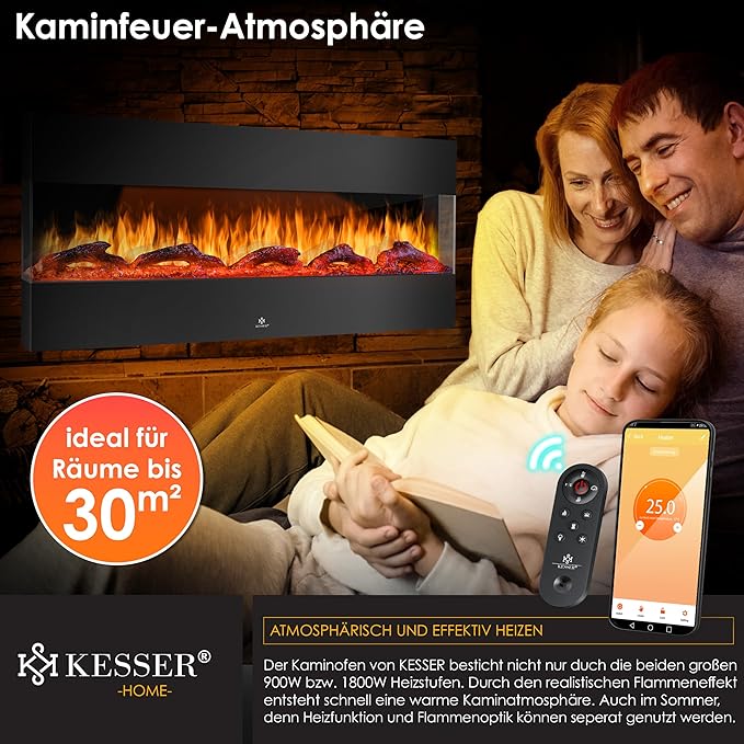 Elektrokamin 3D Elektro 138 cm Kamin mit Heizung 9 Farbmodi LED Flammeneffekt 900/1800 W Heizkamin H – Thumbnail 7