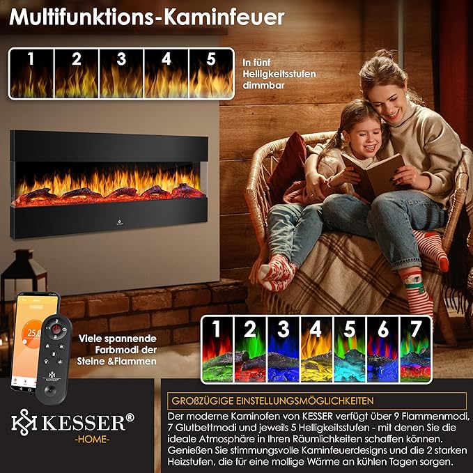 Elektrokamin 3D Elektro 138 cm Kamin mit Heizung 9 Farbmodi LED Flammeneffekt 900/1800 W Heizkamin H – Thumbnail 9