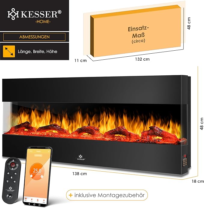 Elektrokamin 3D Elektro 138 cm Kamin mit Heizung 9 Farbmodi LED Flammeneffekt 900/1800 W Heizkamin H – Thumbnail 11