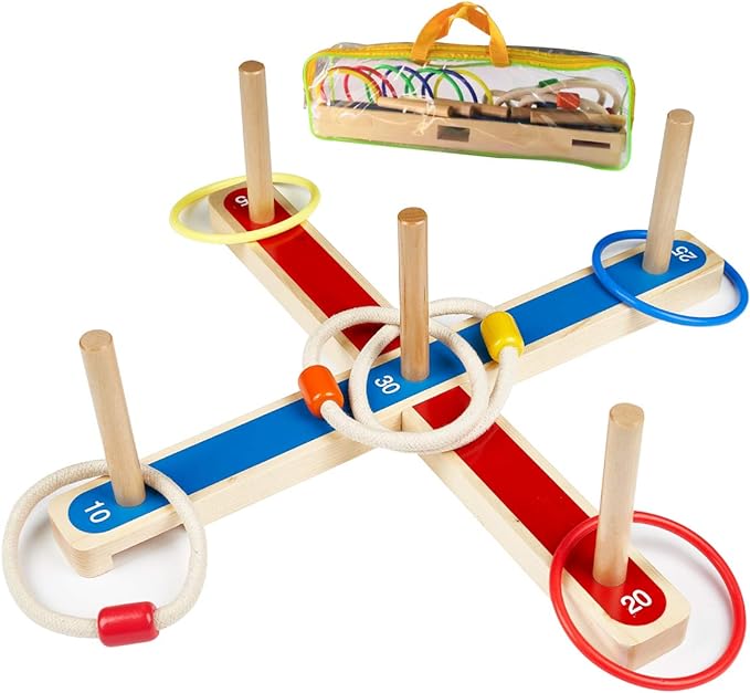 Wurfspiel Quoits Gartenspiele für Kinder und Erwachsene 5 Stück Seilringe aus Holz + 8 Stück bunte R