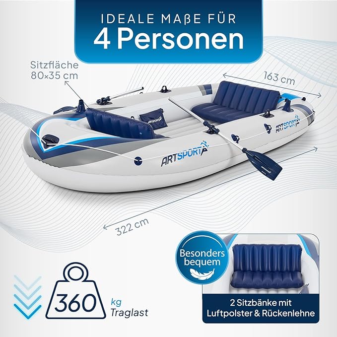 Paddelboot Schlauchboot Boot 322 x 163 cm für 4 Personen – Paddelboot aufblasbar mit 2 Bänken – Rude – 4