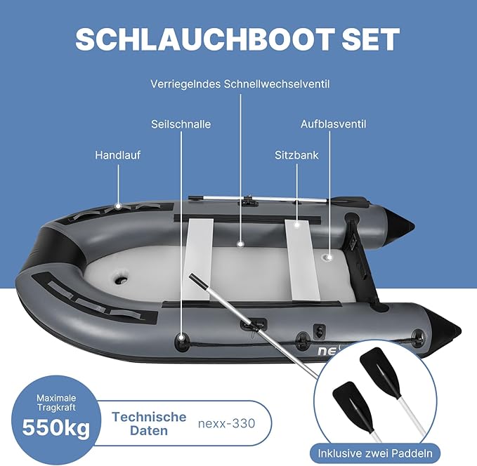 Sportboot Schlauchboot Angelboot Boot 330 x 155 cm mit Luftboden Angelboot mit Tragetasche Hellgrau  – 2