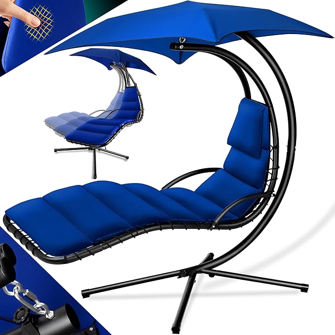 Schwebeliege Hängeliege Sonnenliege Relaxliege Hängeschaukelliege mit Sonnenschirm und Nackenkissen  – 2