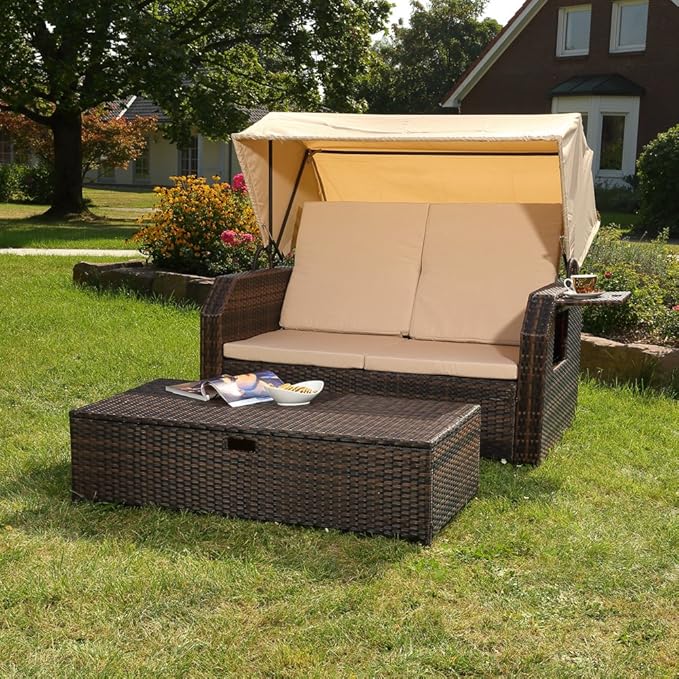 Sonnenbett Strandkorb Lounge aus Polyrattan braun inkl. klappbaren Seitentisch + verstellbarer Rücke – 3