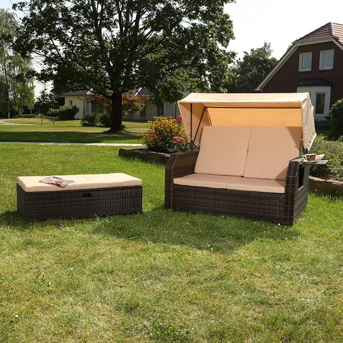 Sonnenbett Strandkorb Lounge aus Polyrattan braun inkl. klappbaren Seitentisch + verstellbarer Rücke – 5