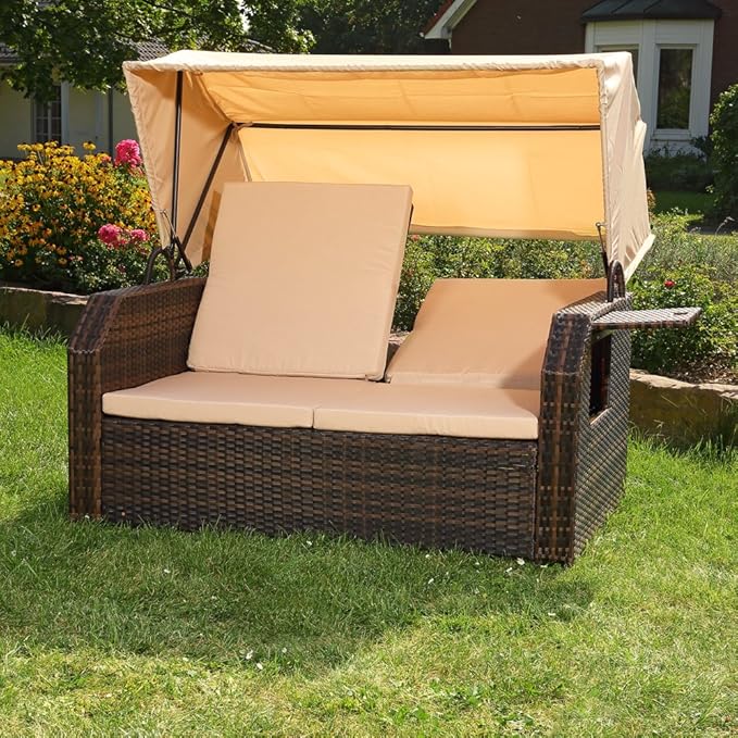 Sonnenbett Strandkorb Lounge aus Polyrattan braun inkl. klappbaren Seitentisch + verstellbarer Rücke – Thumbnail 7