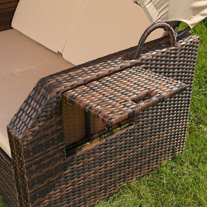 Sonnenbett Strandkorb Lounge aus Polyrattan braun inkl. klappbaren Seitentisch + verstellbarer Rücke – Thumbnail 9