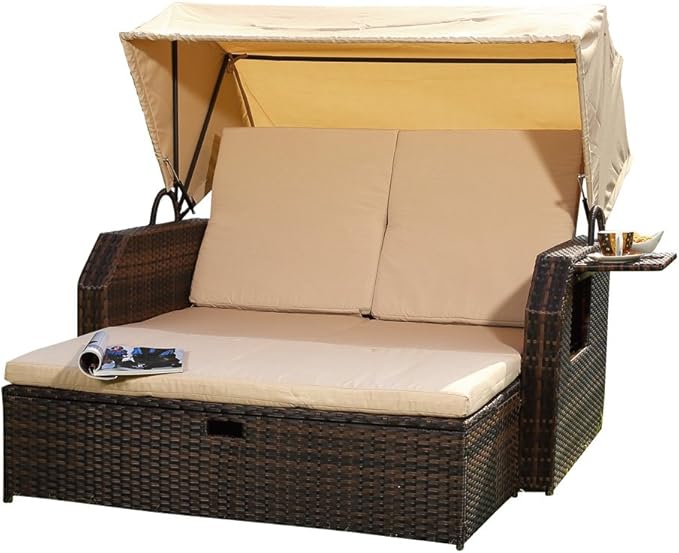 Sonnenbett Strandkorb Lounge aus Polyrattan braun inkl. klappbaren Seitentisch + verstellbarer Rücke