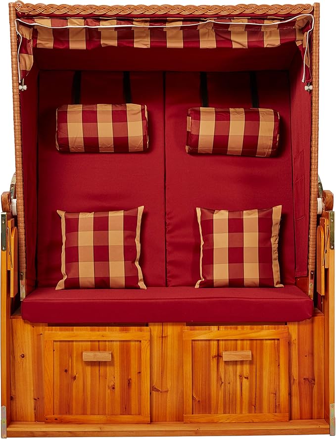 Strandkorb rot Strandschönheit Ostsee 2-Sitzer Vollholzfront beige burgund kariert Strand Balkon Ter – 3