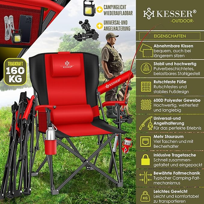 Campingstuhl faltbar bis 160 kg | Angelstuhl Faltstuhl Klappstuhl Anglerstuhl gepolstert mit Armlehn – 2