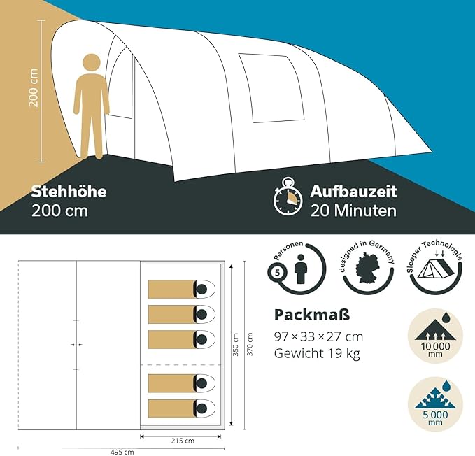 Tunnelzelt Camping | Campingzelt für 5 Personen Baldachin-Überdachung 5000 mm Wassersäule | Großes F – Thumbnail 11