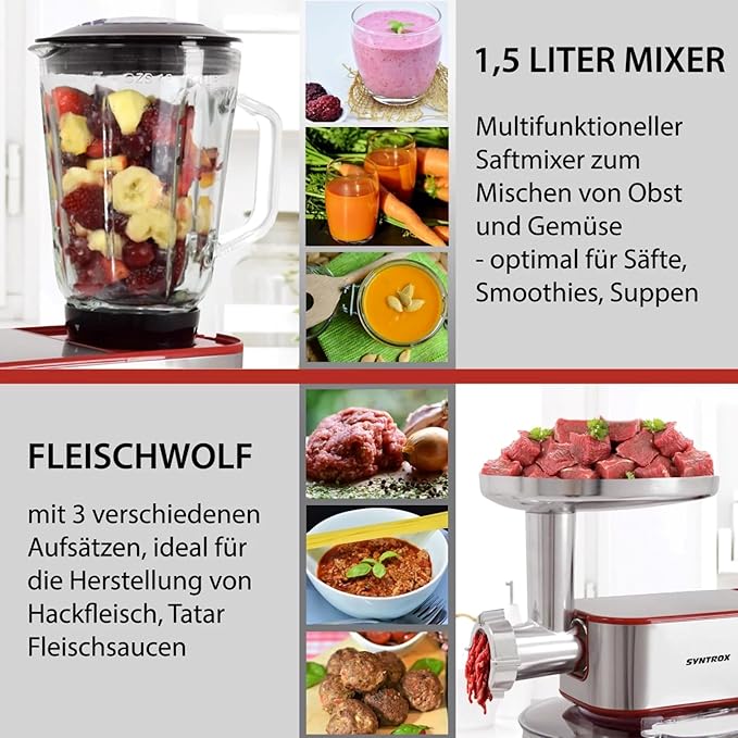 Küchenmaschine Küchenmixer Küchengerät Fleischwolf aus Edelstahl 7 Liter Zubehör für Teig und Cremes – Thumbnail 6