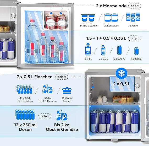 Minikühlschrank 230 V mit Schloss A++ (45 Liter) silber leise Frostfach Abtauautomatik Eierablage Tü – 3