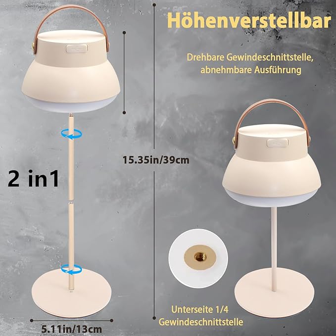 LED Campinglampe Tischlampe Hängelampe 1000 Lumen 3 Farben 4000 mAh stufenlos dimmbar abnehmbar höhe – 2