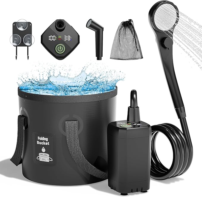 Campingdusche-Komplettset Kaltdusche 6000 mAh wiederaufladbare Saugpumpe mit Smart-Display, Multi-Mo