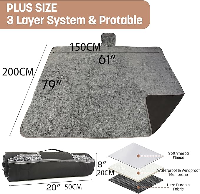 Wasserdichte Outdoor-Decke 203 x 150 cm mit Sherpa-Futter winddicht dreilagig warm bequem faltbar fü – 5