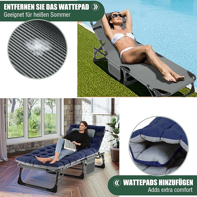 Zeltbett Sonnenliege klappbar Gartenliege 68 cm Breite 200 kg belastbar mit Matratze und Kopfstütze – 4