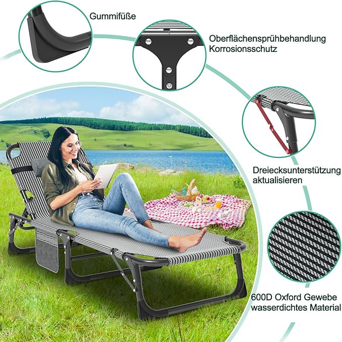 Zeltbett Sonnenliege klappbar Gartenliege 68 cm Breite 200 kg belastbar mit Matratze und Kopfstütze – 5