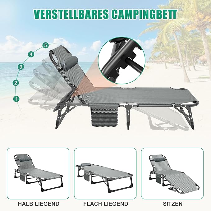 Zeltbett Sonnenliege klappbar Gartenliege 68 cm Breite 200 kg belastbar mit Matratze und Kopfstütze – Thumbnail 6