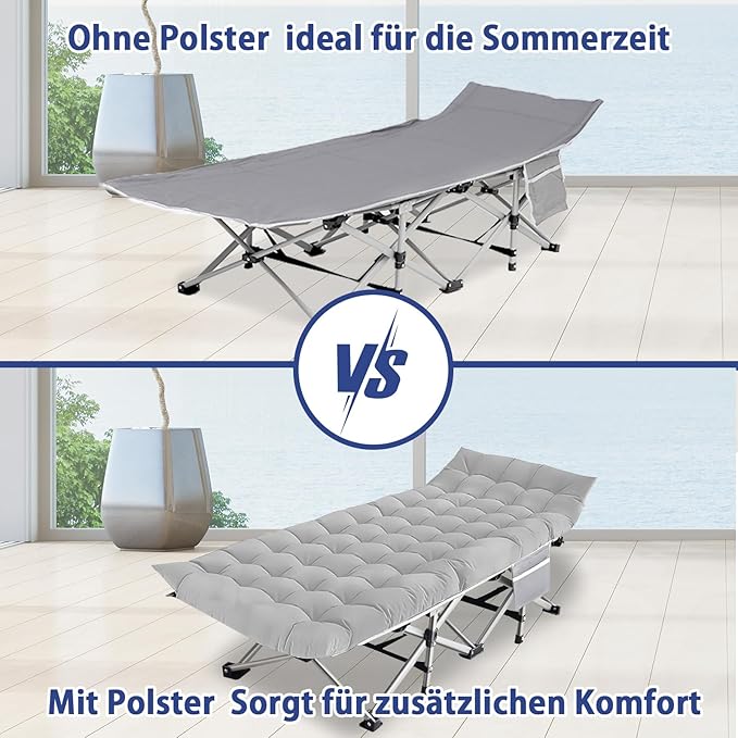 2x Campingbett klappbar Campingbett 2 Stück Klappbett Gästebett mit Matratze Seitentasche bis 200 kg – Thumbnail 7