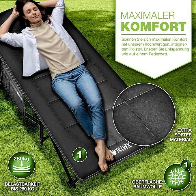 Campingbett faltbar mit Tragetasche bis 280 kg Campingliege extra breit Zeltbett Feldbett Karpfenlie