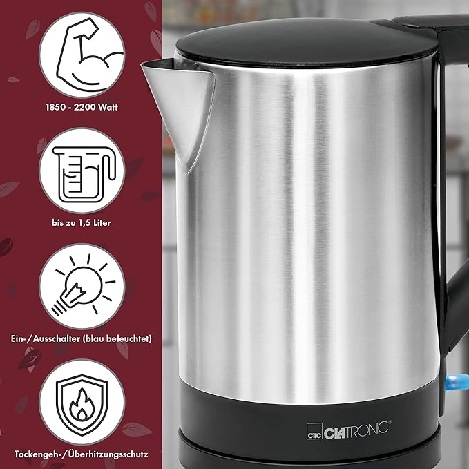 Camping Wasserkocher verdecktes Heizelement Abschaltautomatik Basisstation mit Kabelaufwicklung 1,5 – 2