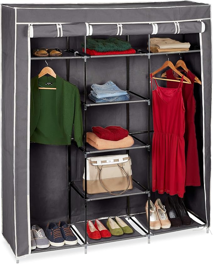 Camping Kleiderschrank 9 Fächer 2 Kleiderstangen Faltschrank grau Kunststoff Anthrazit 1730 x 1480 x