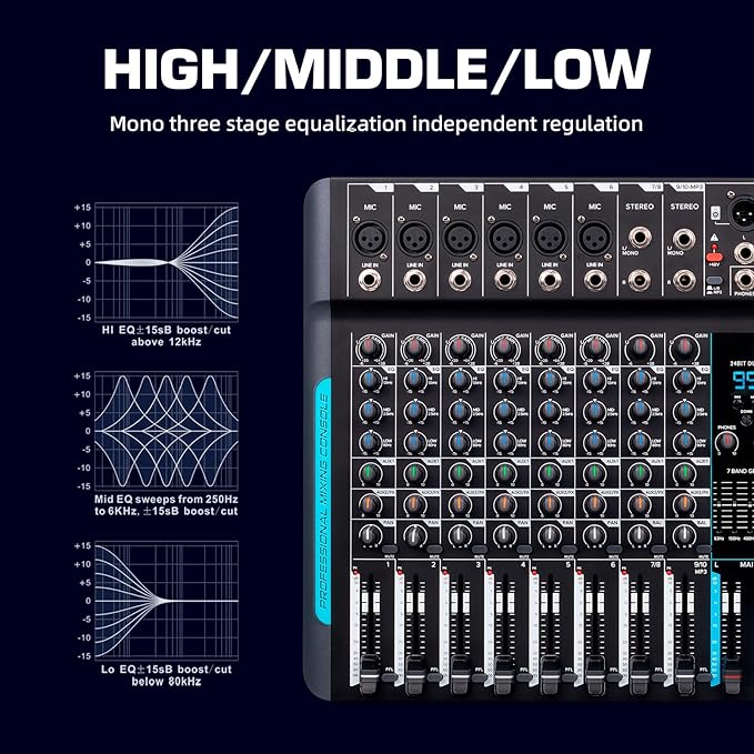 Soundmixer professioneller Audiomixer 10-Kanal-Stereo-Soundmixer mit 99 DSP-Hall / 7-Band-Balance /  – Thumbnail 6