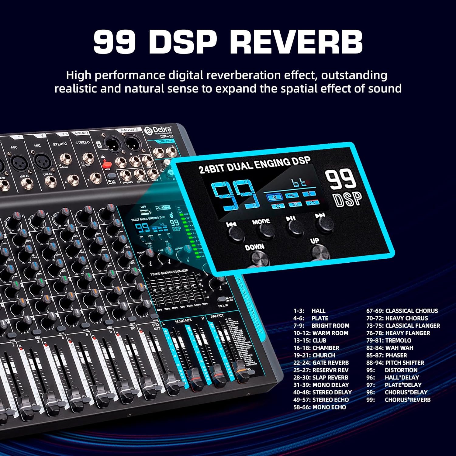 Soundmixer professioneller Audiomixer 10-Kanal-Stereo-Soundmixer mit 99 DSP-Hall / 7-Band-Balance /  – Thumbnail 8
