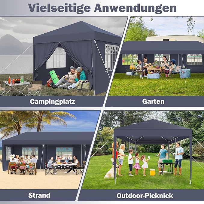 Faltpavillon Pavillon Zelt wasserdicht 4 Seitenwände 2 Fenster Türe mit Reißverschluss 3 x 3 m (9 qm – Thumbnail 6
