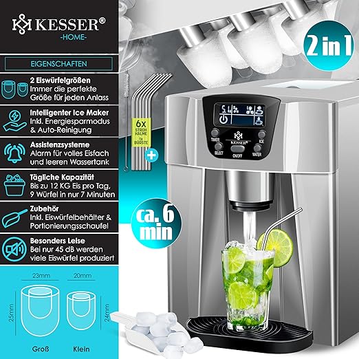 Eiswürfelbereiter Edelstahl Eiswürfelmaschine 100 W Eisbereiter 12 kg in 24 h 2 Würfelgrößen – 3