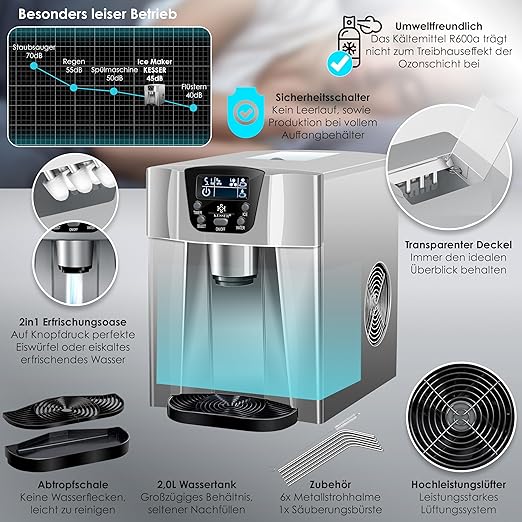 Eiswürfelbereiter Edelstahl Eiswürfelmaschine 100 W Eisbereiter 12 kg in 24 h 2 Würfelgrößen – Thumbnail 11