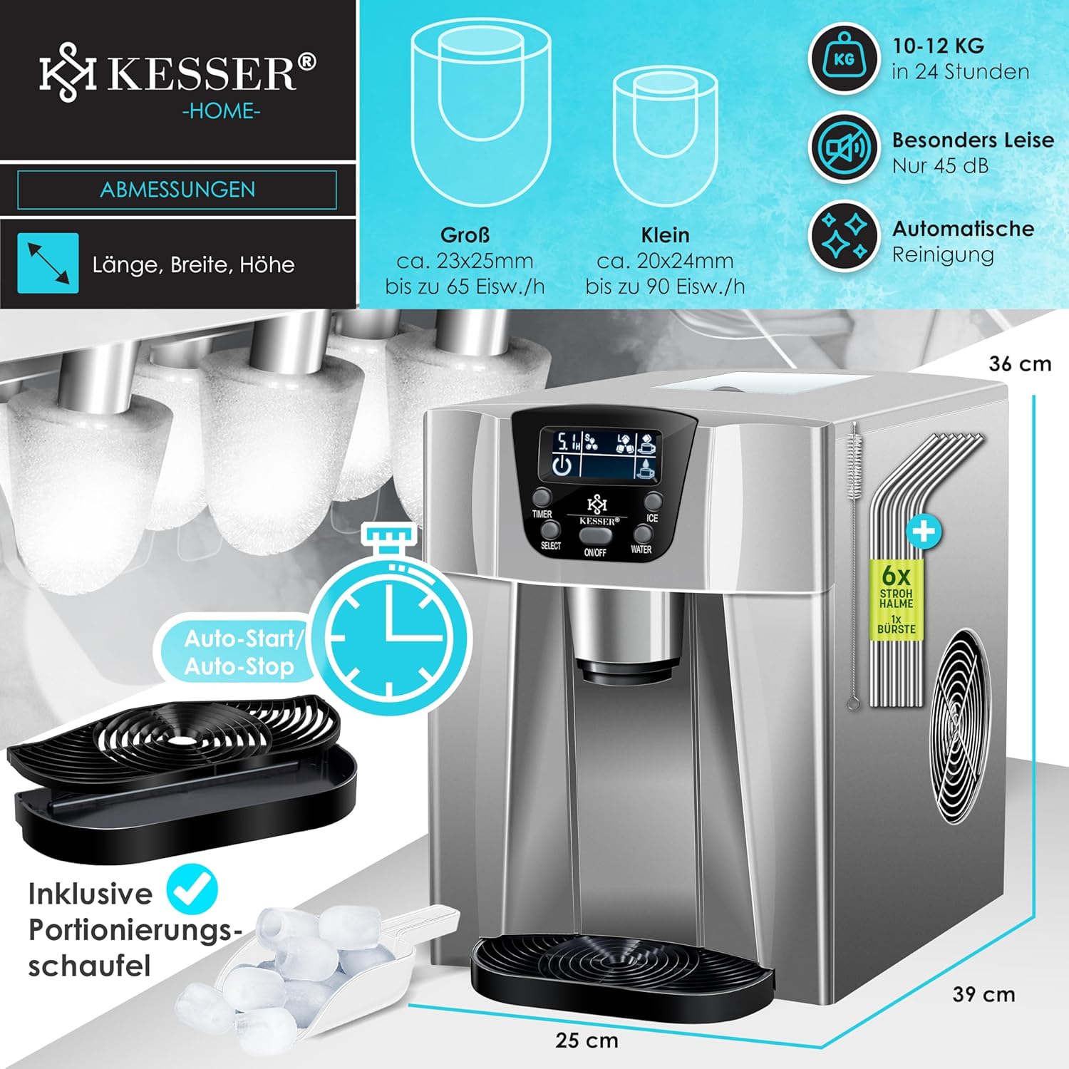 Eiswürfelbereiter Edelstahl Eiswürfelmaschine 100 W Eisbereiter 12 kg in 24 h 2 Würfelgrößen – Thumbnail 12