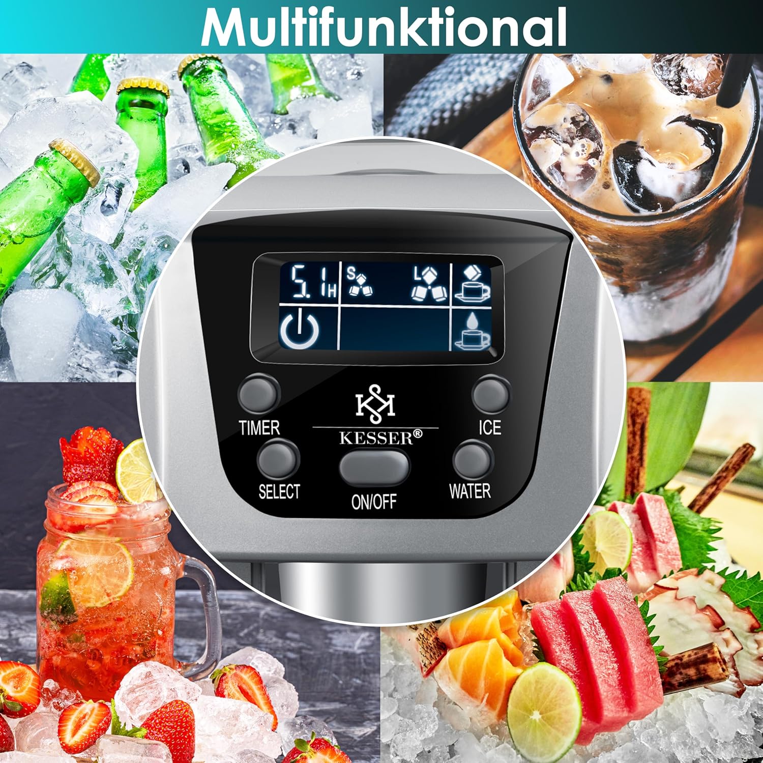 Eiswürfelbereiter Edelstahl Eiswürfelmaschine 100 W Eisbereiter 12 kg in 24 h 2 Würfelgrößen – Thumbnail 14