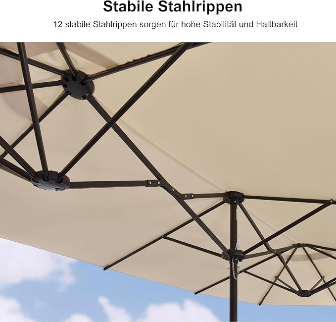 Doppelsonnenschirm 455 x 270 cm beige großer ovaler Sonnenschirm mit Kurbel UV-Schutz – 3