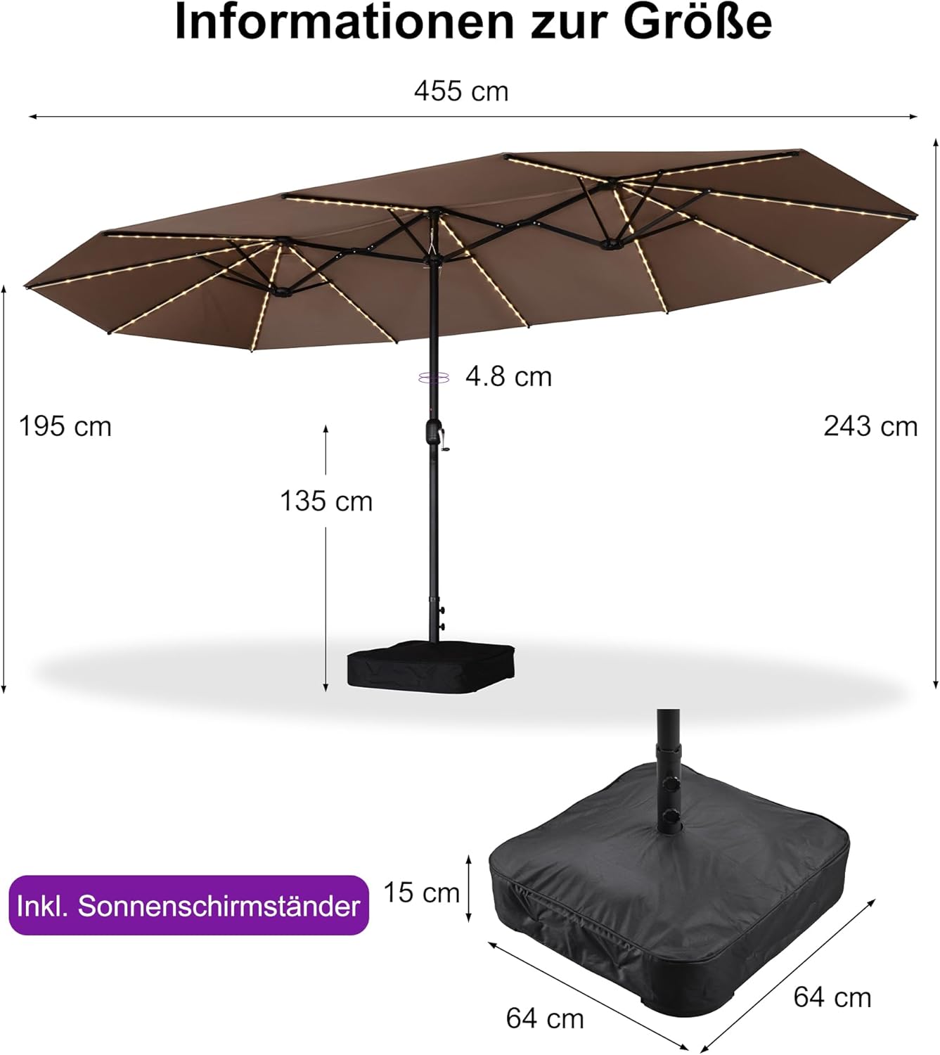 Doppelsonnenschirm LED 455 x 270 cm großer ovaler Sonnenschirm mit Kurbel UV-Schutz – Thumbnail 7