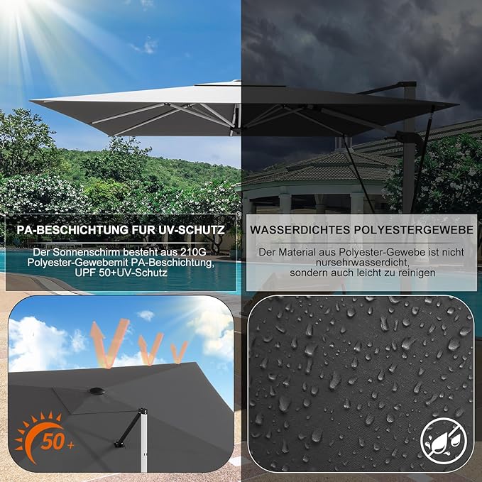 Sonnenschirm Aluminium 400 x 300 Ampelschirm mit Bezug wasserabweisend mit Kurbel – 5