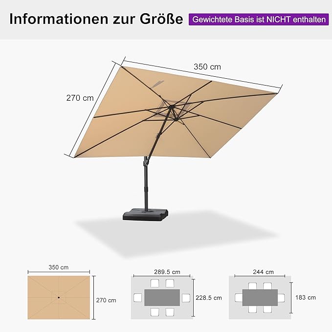 Ampelschirm Sonnenschirm 270 x 350 cm rechteckig mit Kurbel großer Gartenschirm neigbar 360° – 4