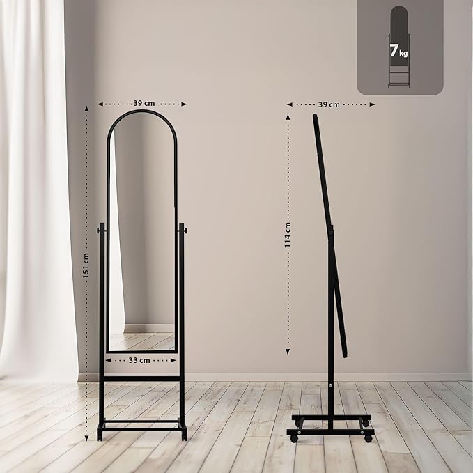 Standspiegel mit Rollen Spiegel Ganzkörperspiegel Empfangsspiegel 151 x 39 Metallrahmen neigbar 360 – 3