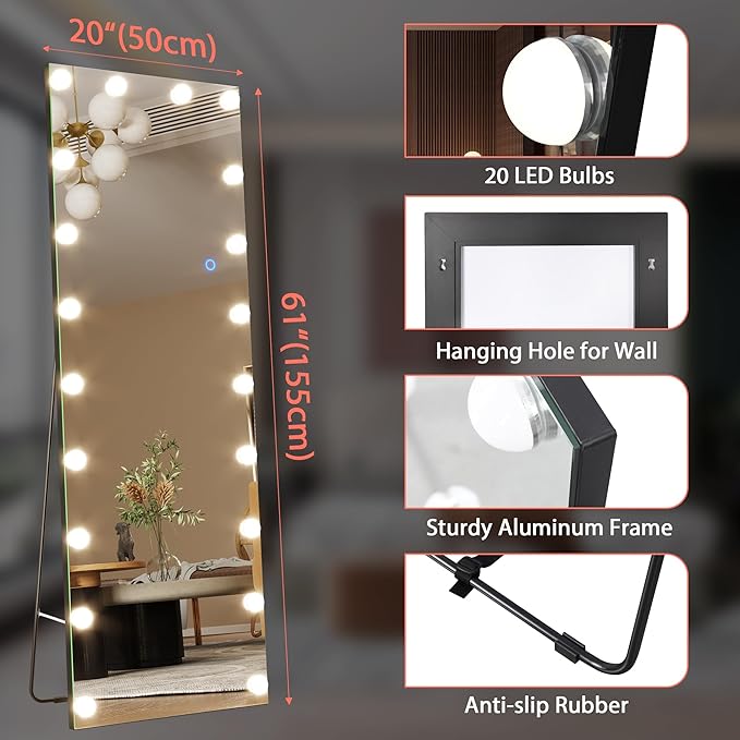 Wandspiegel beleuchtet Ganzkörperspiegel mit LED 155 x 50 cm Standspiegel mit Beleuchtung – 3