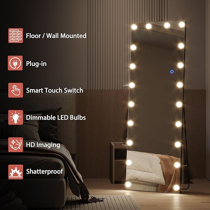 Wandspiegel beleuchtet Ganzkörperspiegel mit LED 155 x 50 cm Standspiegel mit Beleuchtung – Thumbnail 9