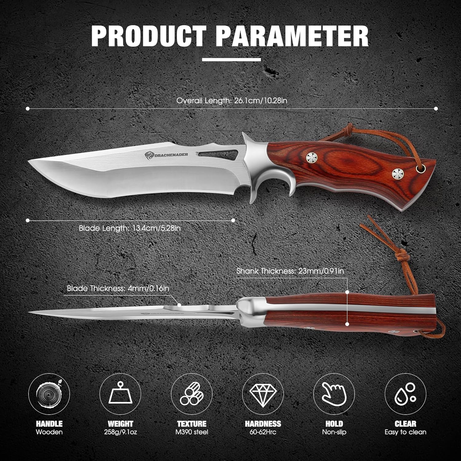 Jagdmesser feststehende Klinge 13 cm Klingenlänge Outdoormesser M390 Stahl Gürtelmesser Lederscheide – Thumbnail 11