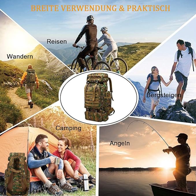Kampfrucksack 80L Tarnrucksack Angelrucksack Bergsteigerrucksack Militärrucksack Camouflage Rucksack – Thumbnail 6