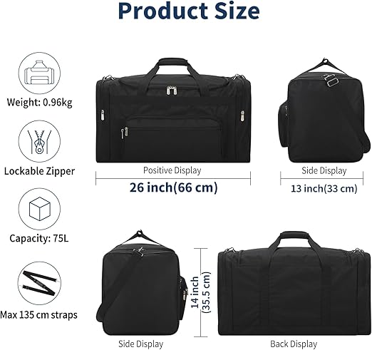 Fitnesstasche Sporttasche Reisetasche mit Schultergurt 55 L Weekender für Damen und Herren schwarz – 4