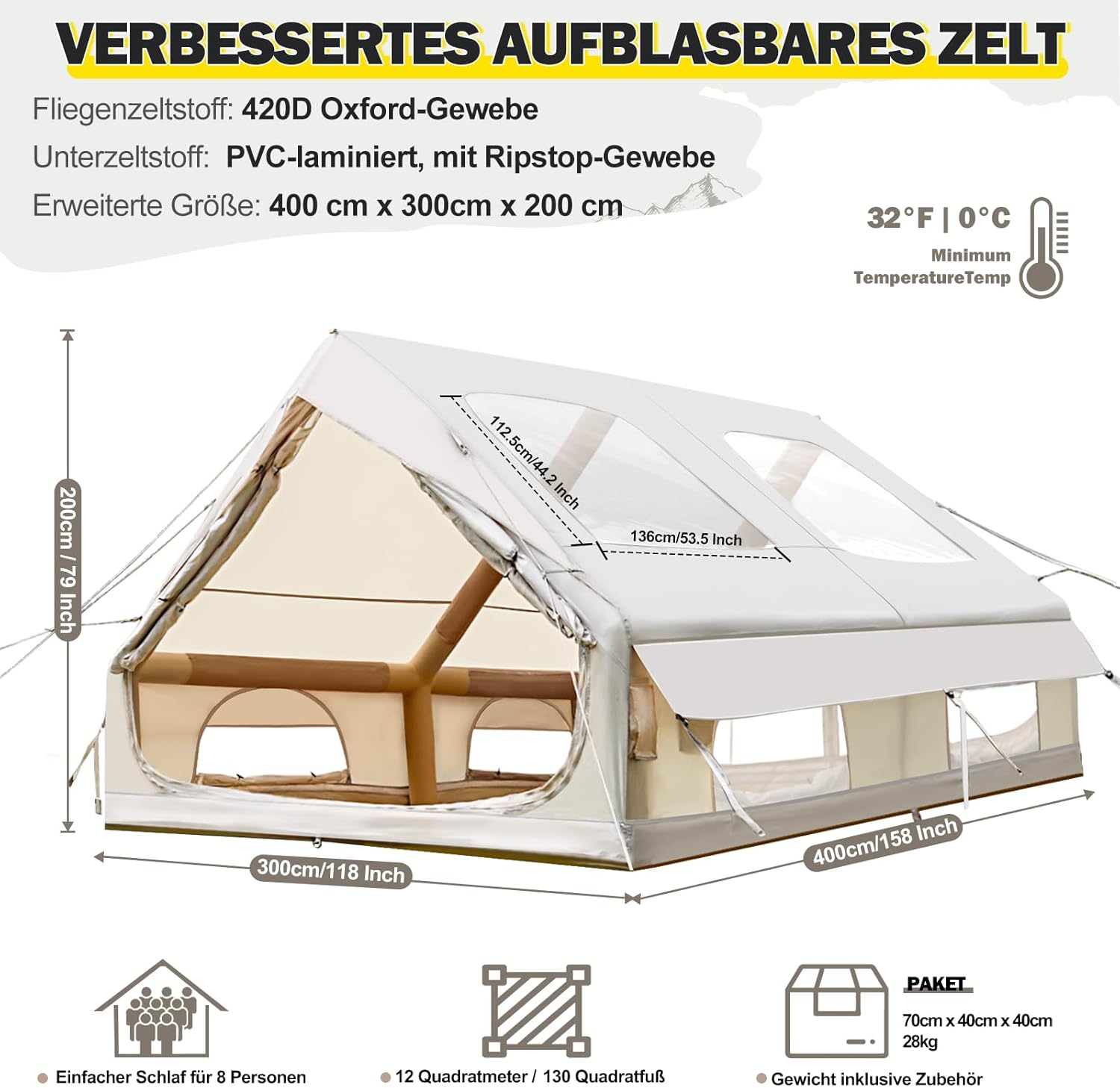 Aufblasbares Campingzelt Zelt 400 x 300 x 210 cm mit großem PVC-Dachfenster 4–10 Personen Outdoor – Thumbnail 6