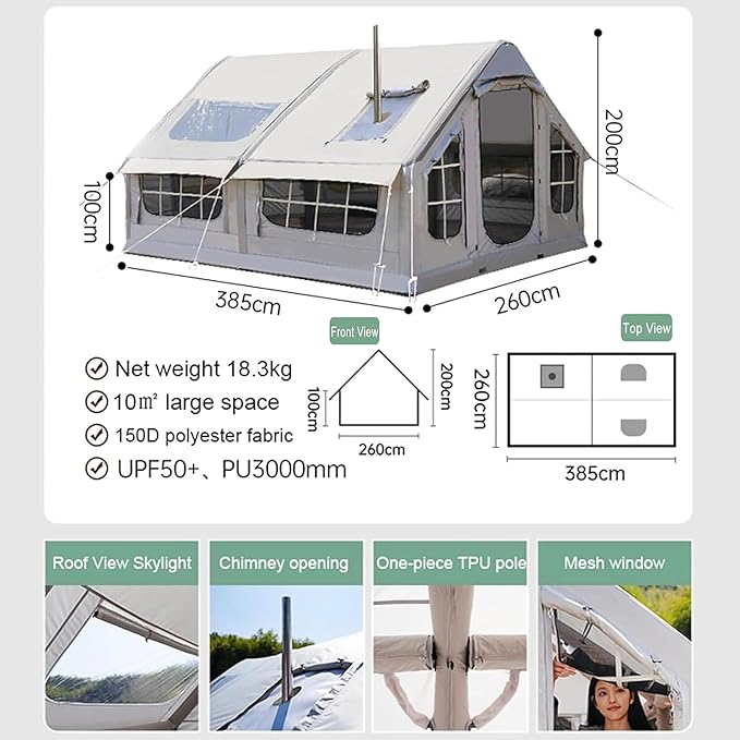Zelt aufblasbar Glampingzelt aufblasbares Zelt 385 x 260 x 200 cm Campingzelt Ofenloch & Luftpumpe – Thumbnail 8