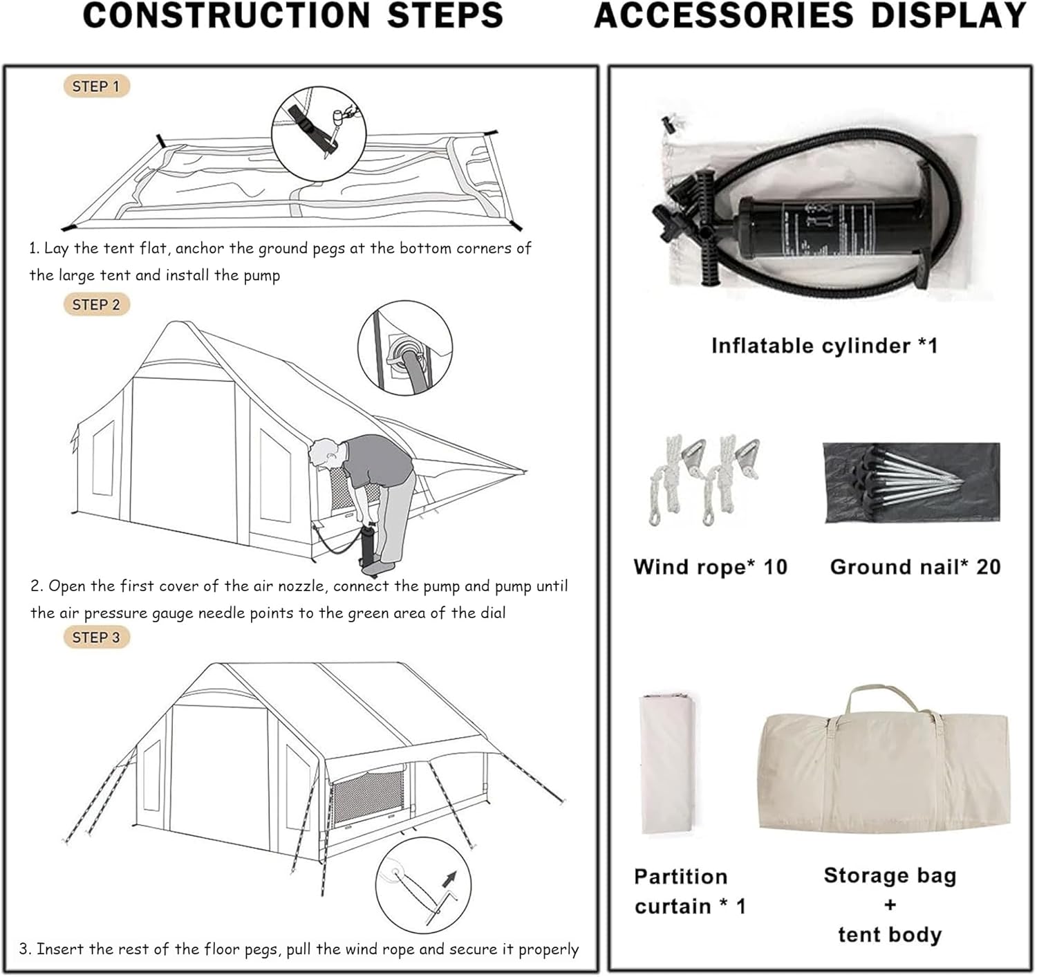 Zelt aufblasbar Glampingzelt aufblasbares Zelt 385 x 260 x 200 cm Campingzelt Ofenloch & Luftpumpe – Thumbnail 17