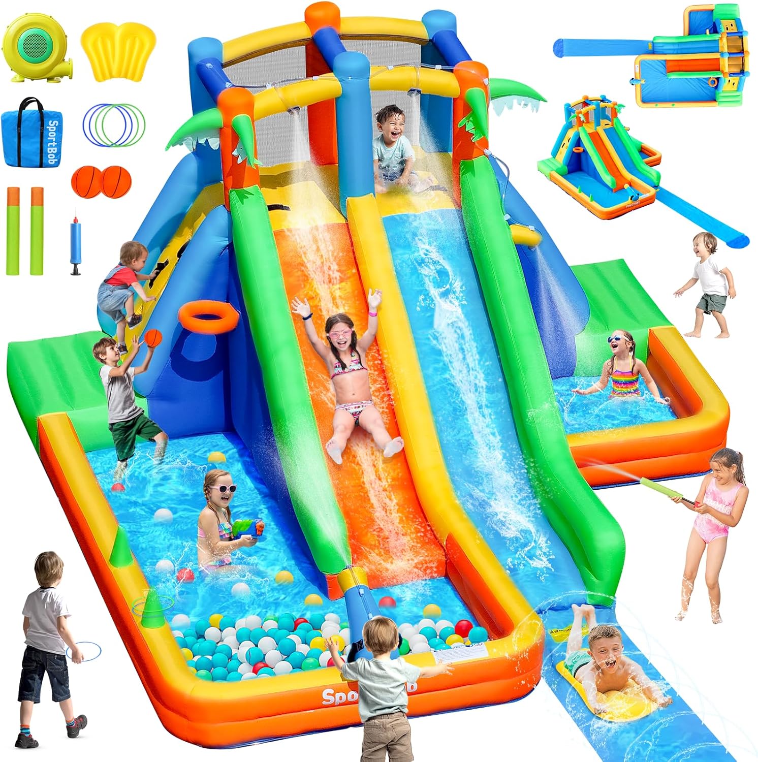 Hüpfburg mit Wasserrutsche Wasserpark 377 x 364 x 215 Gebläse Kinder-Hüpfburg mit erweiterter Splash