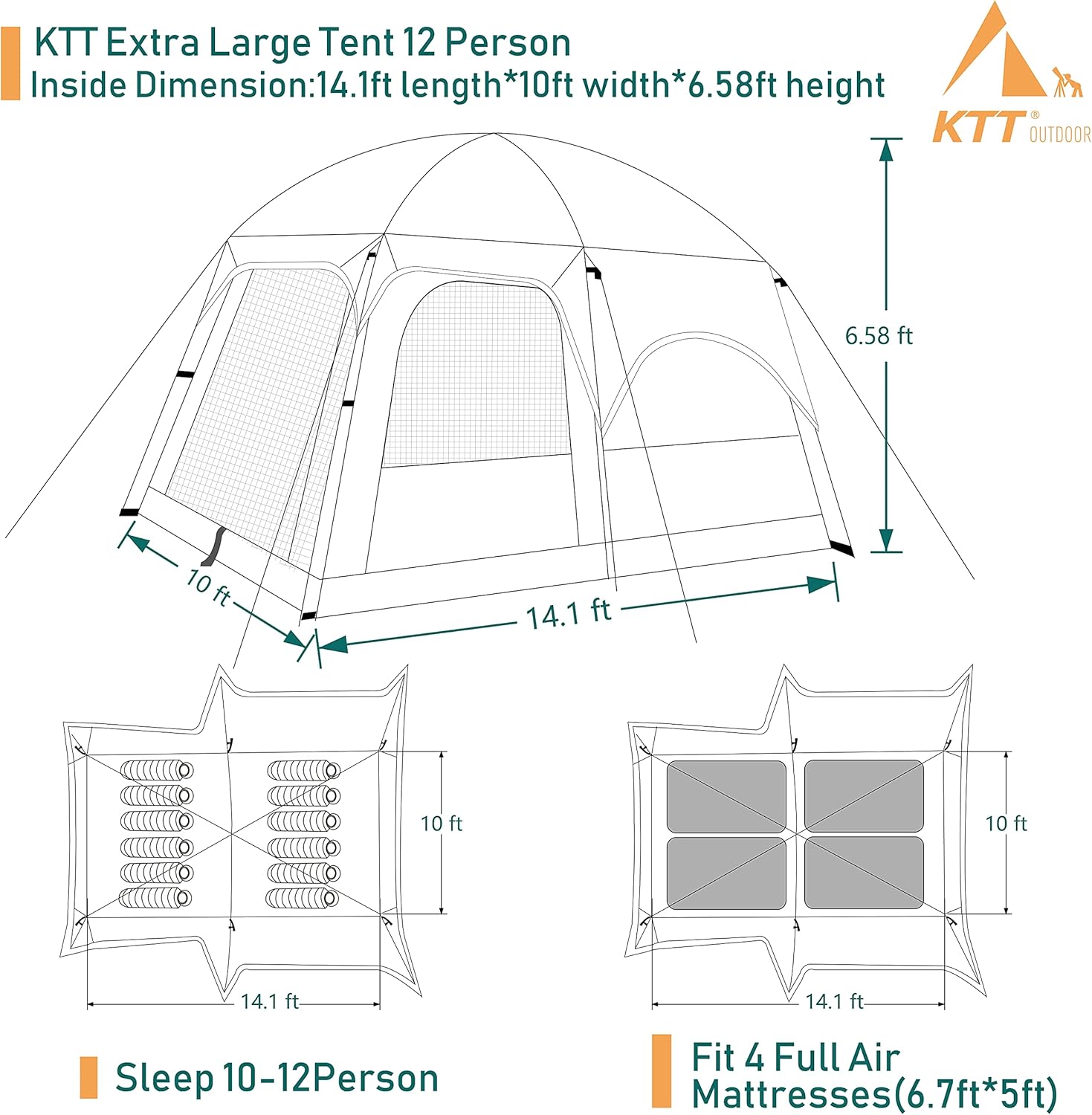 Kabinenzelt Familienkabinenzelt Picknick-Camping 300 x 300 x 210 cm Campingzelt 2 Räume gerade Wand – Thumbnail 12